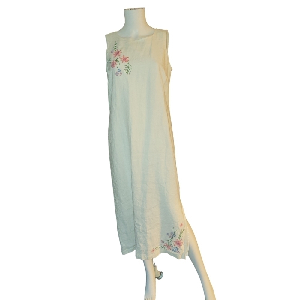 JM Collection by Jennifer Moore Linen Dress White Sleeveless Floral Embroidery